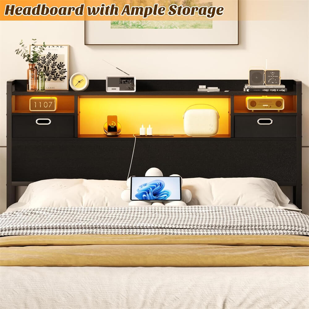 Full Size Bookcase Headboard with Storage Drawers, Power Outlets, and RGB LED Light, for Full Bed