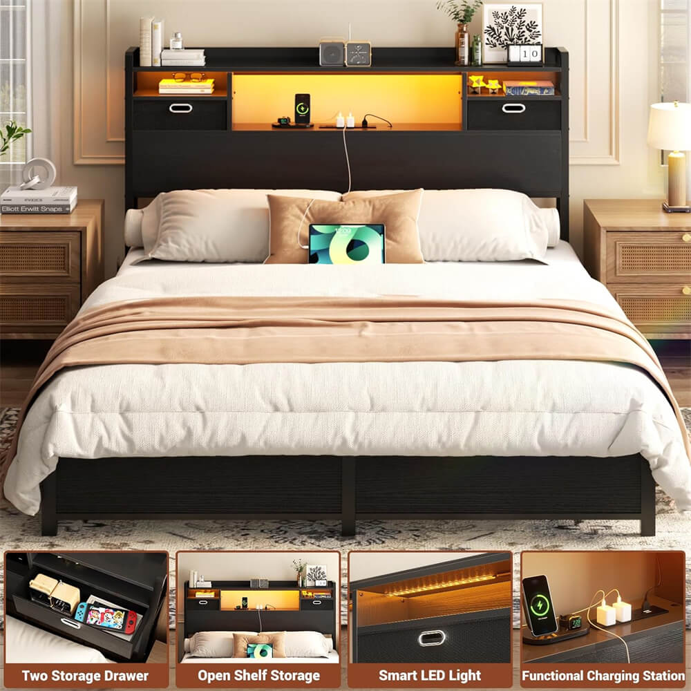 Full Size Bookcase Headboard with Storage Drawers, Power Outlets, and RGB LED Light, for Full Bed