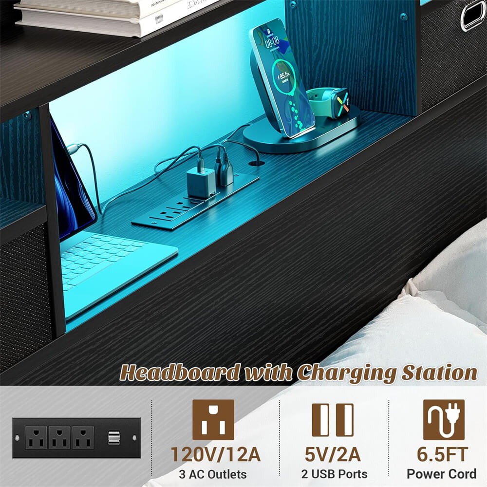 Full Size Bookcase Headboard with Storage Drawers, Power Outlets, and RGB LED Light, for Full Bed