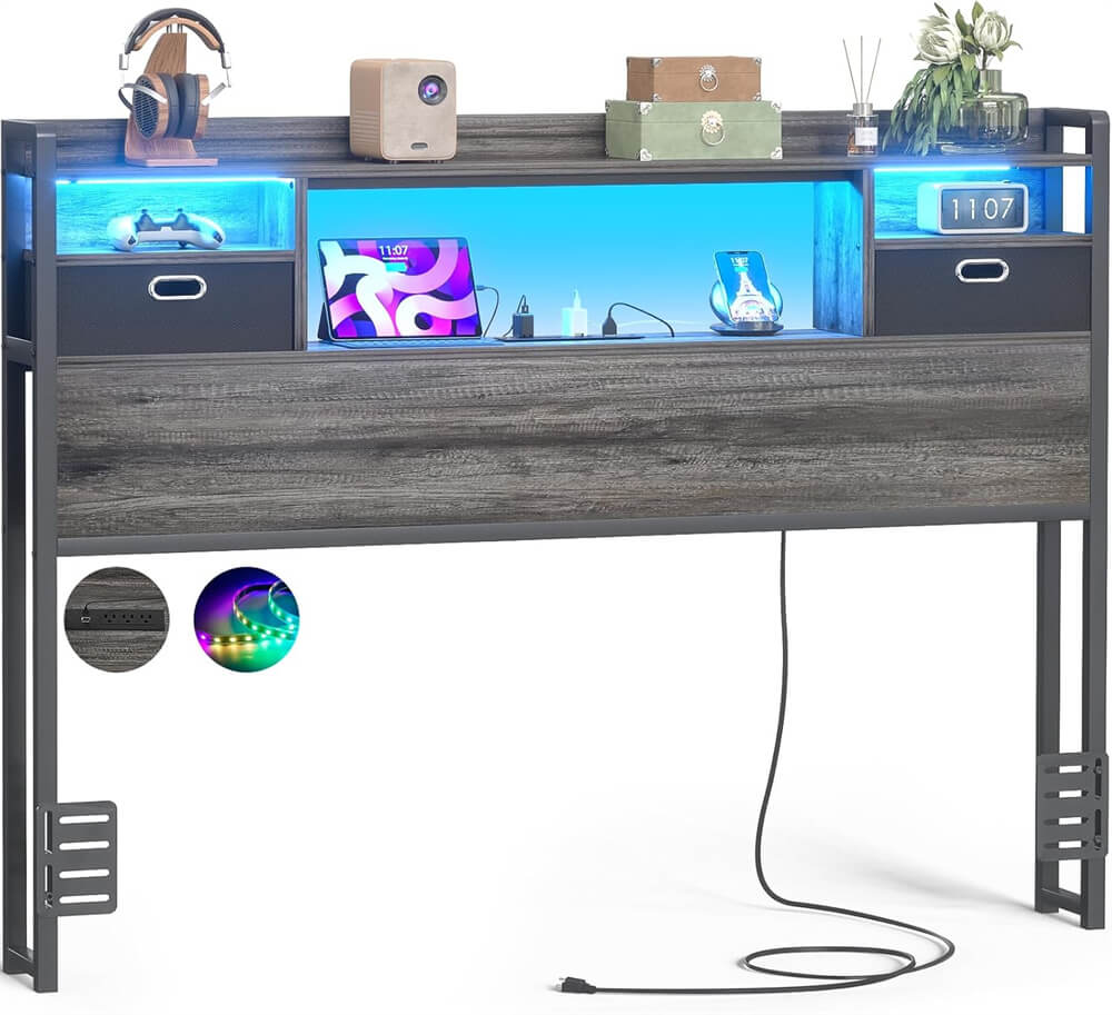 Full Size Bookcase Headboard with Storage Drawers, Power Outlets, and RGB LED Light, for Full Bed