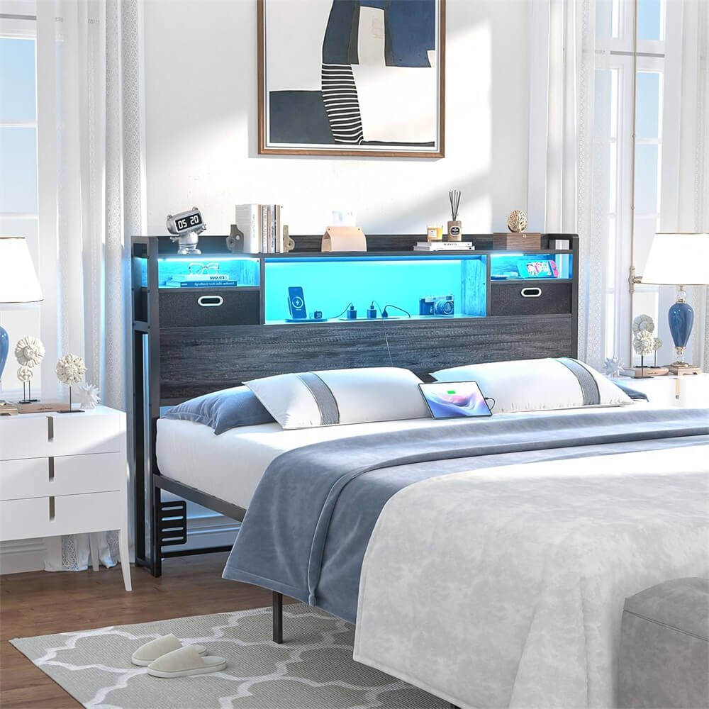 Full Size Bookcase Headboard with Storage Drawers, Power Outlets, and RGB LED Light, for Full Bed