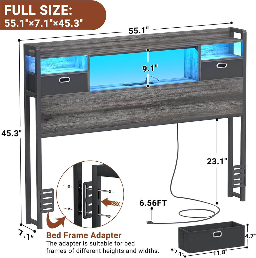 Full Size Bookcase Headboard with Storage Drawers, Power Outlets, and RGB LED Light, for Full Bed