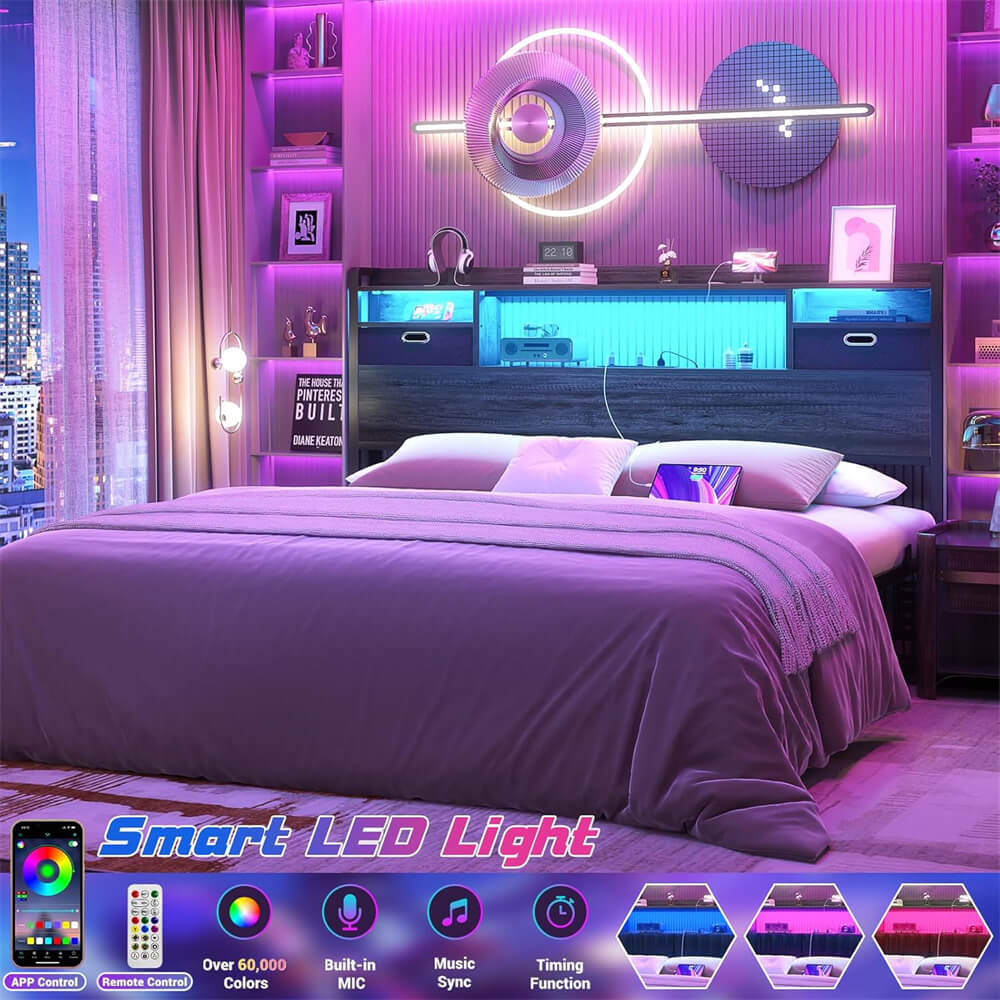 Full Size Bookcase Headboard with Storage Drawers, Power Outlets, and RGB LED Light, for Full Bed