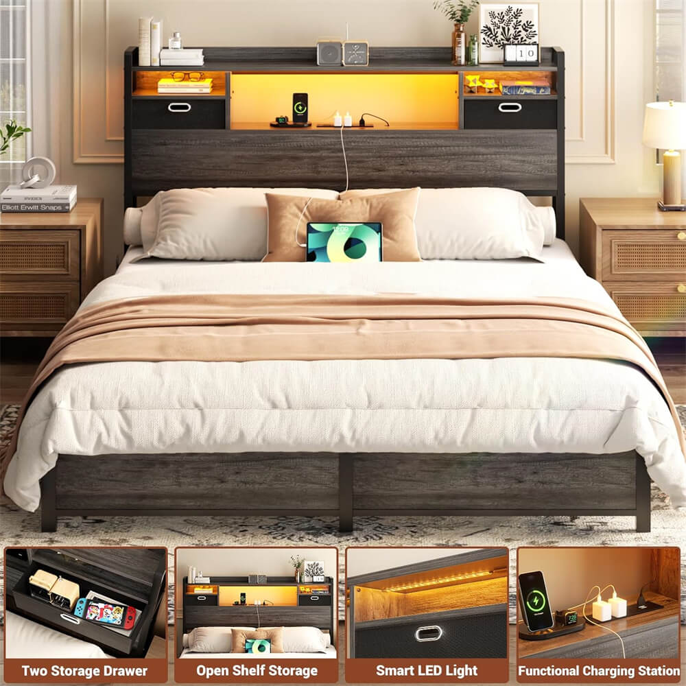 Full Size Bookcase Headboard with Storage Drawers, Power Outlets, and RGB LED Light, for Full Bed
