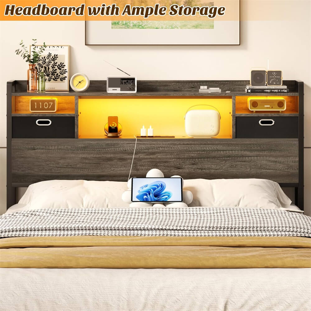 Full Size Bookcase Headboard with Storage Drawers, Power Outlets, and RGB LED Light, for Full Bed