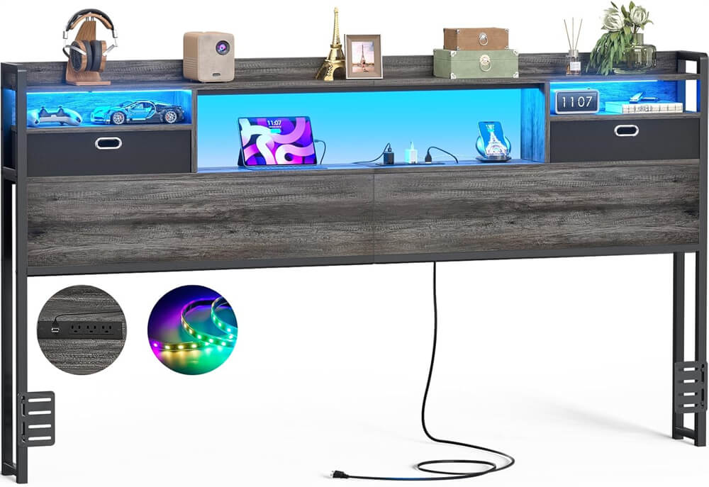 King Size Headboard with Power Outelts and Storage Drawers, Bookcase Headboard with LED Light for King Size Bed