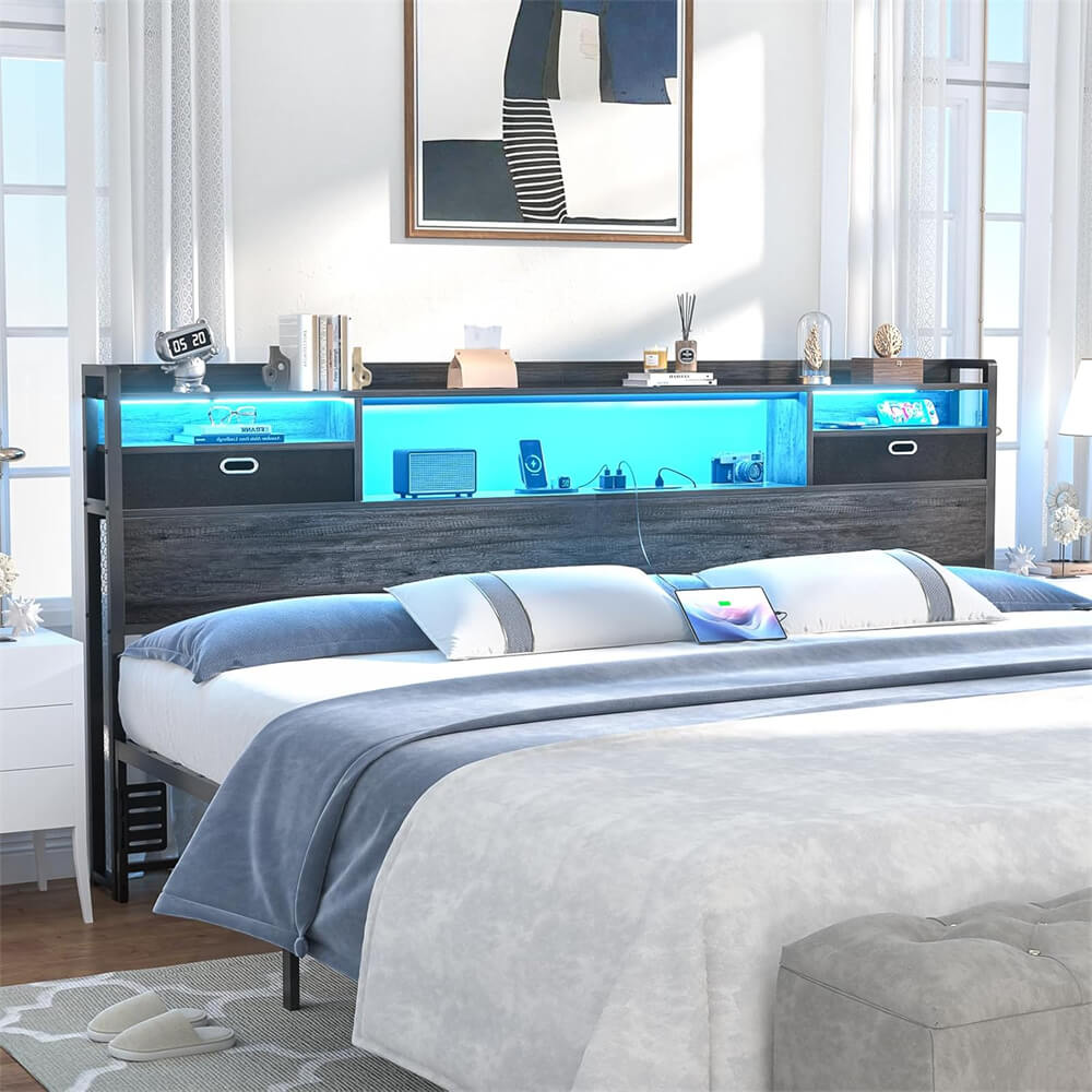 King Size Headboard with Power Outelts and Storage Drawers, Bookcase Headboard with LED Light for King Size Bed