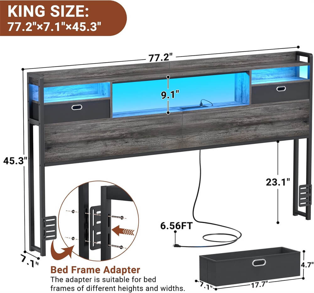 King Size Headboard with Power Outelts and Storage Drawers, Bookcase Headboard with LED Light for King Size Bed