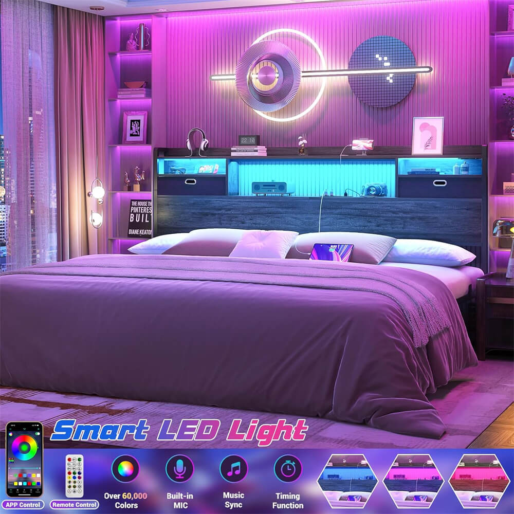 King Size Headboard with Power Outelts and Storage Drawers, Bookcase Headboard with LED Light for King Size Bed