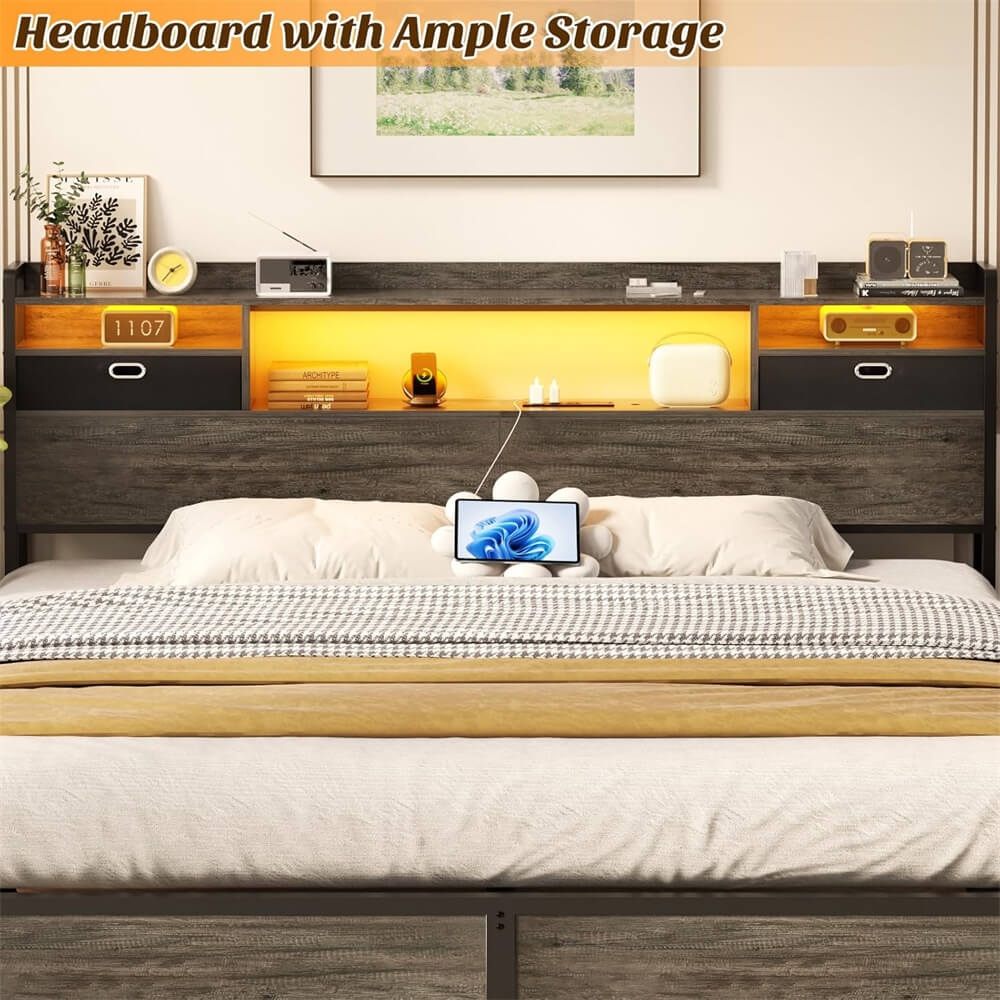 King Size Headboard with Power Outelts and Storage Drawers, Bookcase Headboard with LED Light for King Size Bed