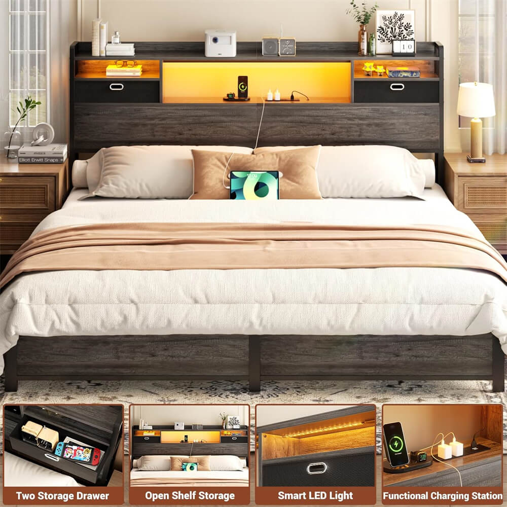 King Size Headboard with Power Outelts and Storage Drawers, Bookcase Headboard with LED Light for King Size Bed
