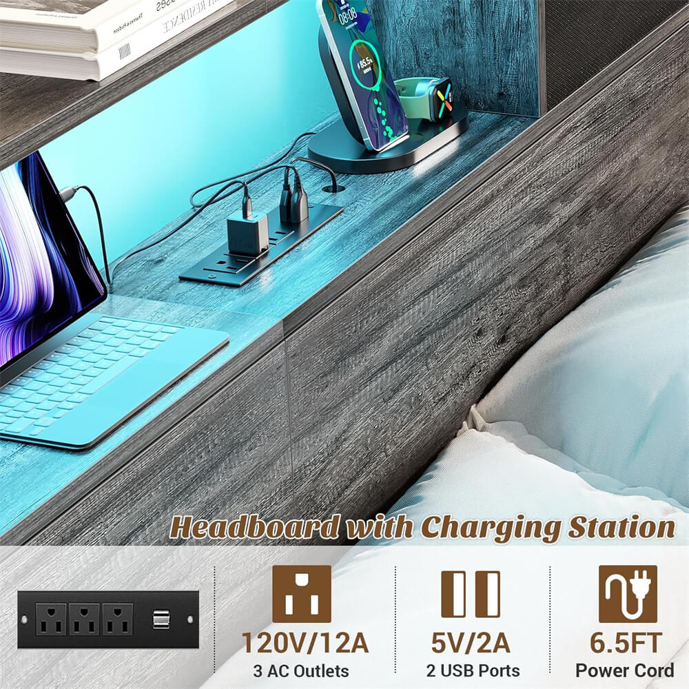 King Size Headboard with Power Outelts and Storage Drawers, Bookcase Headboard with LED Light for King Size Bed