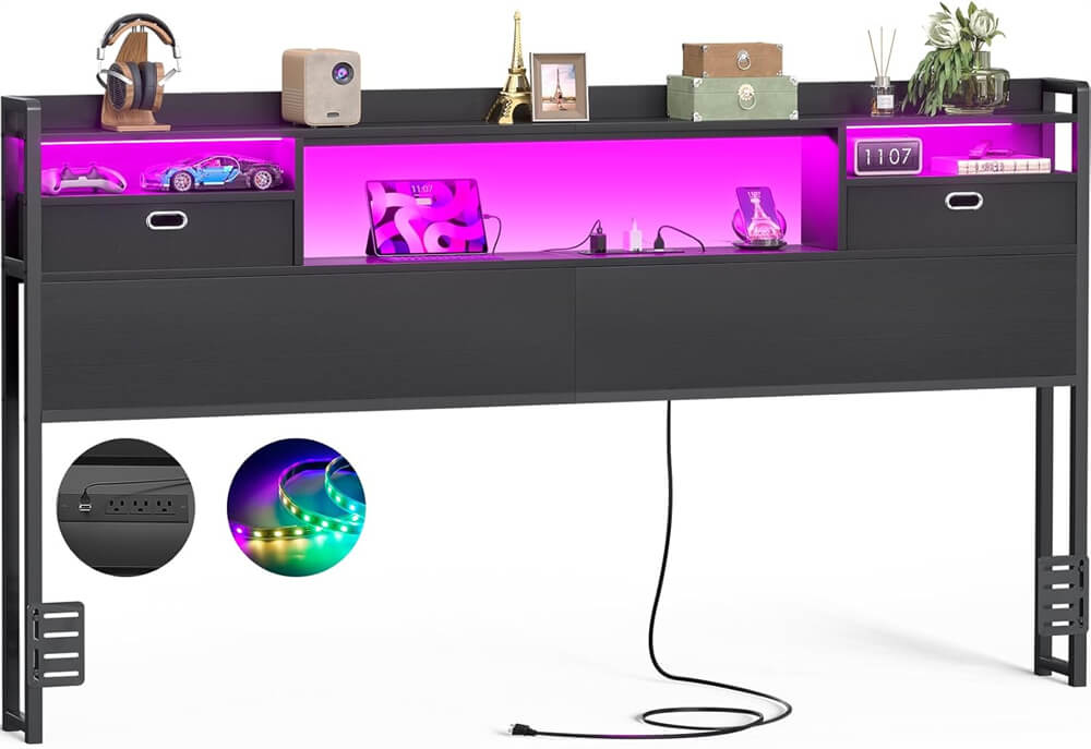 King Size Headboard with Power Outelts and Storage Drawers, Bookcase Headboard with LED Light for King Size Bed