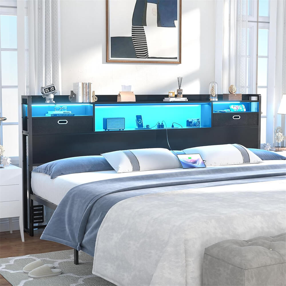 King Size Headboard with Power Outelts and Storage Drawers, Bookcase Headboard with LED Light for King Size Bed