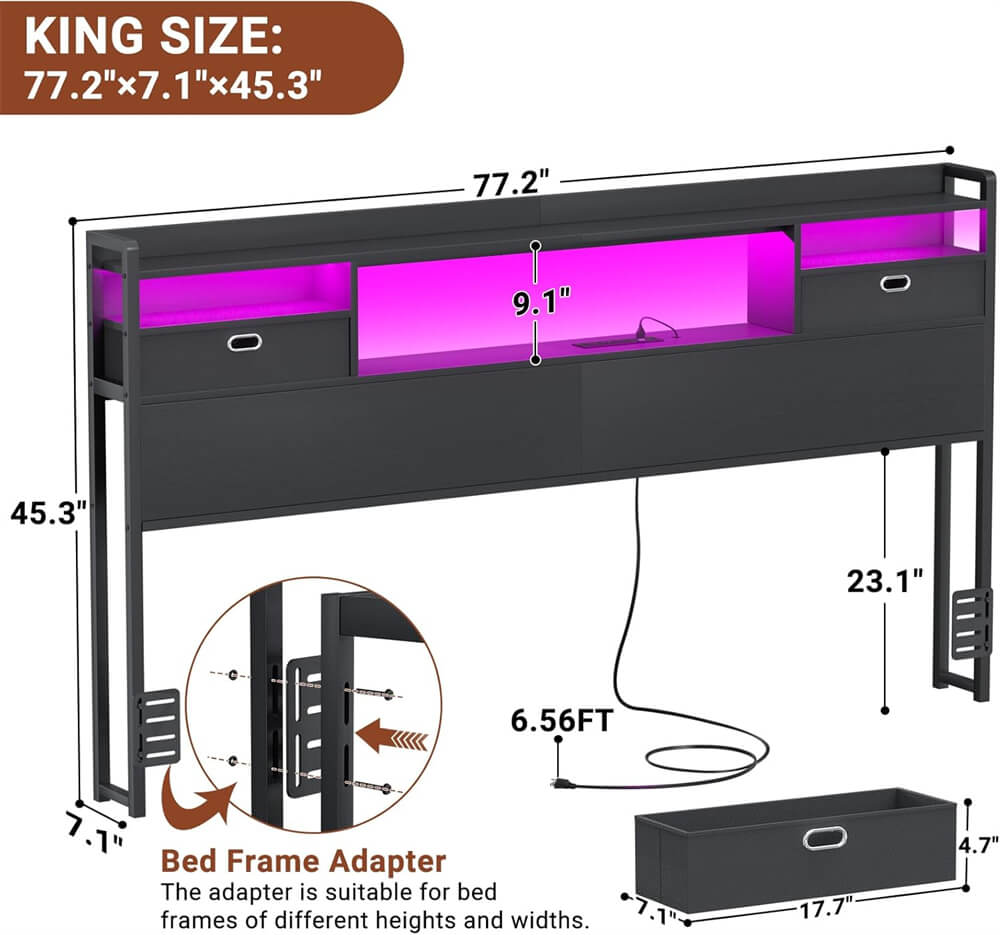 King Size Headboard with Power Outelts and Storage Drawers, Bookcase Headboard with LED Light for King Size Bed