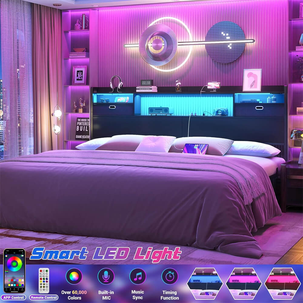 King Size Headboard with Power Outelts and Storage Drawers, Bookcase Headboard with LED Light for King Size Bed