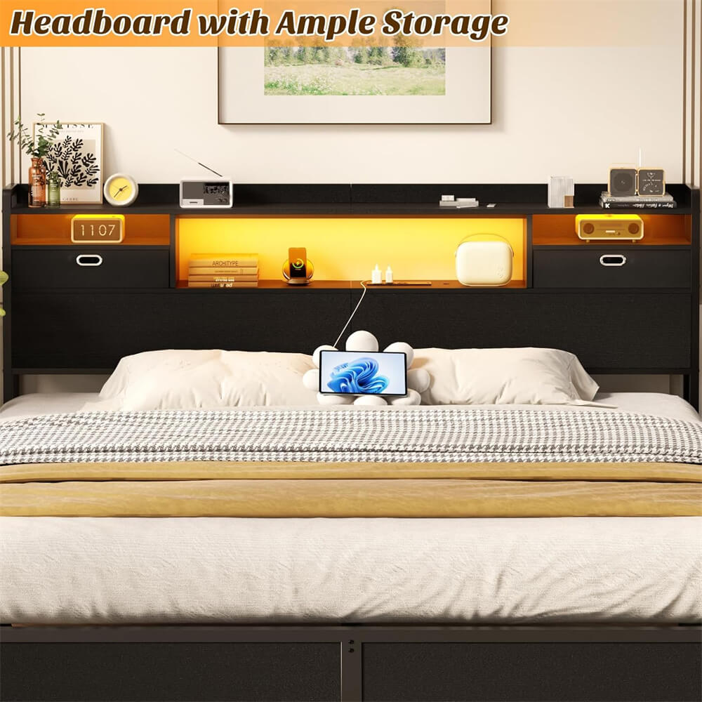 King Size Headboard with Power Outelts and Storage Drawers, Bookcase Headboard with LED Light for King Size Bed
