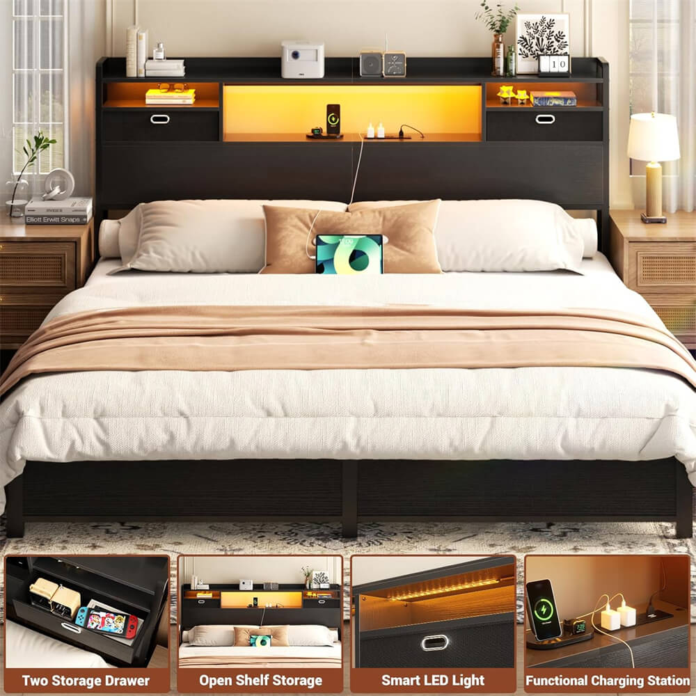 King Size Headboard with Power Outelts and Storage Drawers, Bookcase Headboard with LED Light for King Size Bed