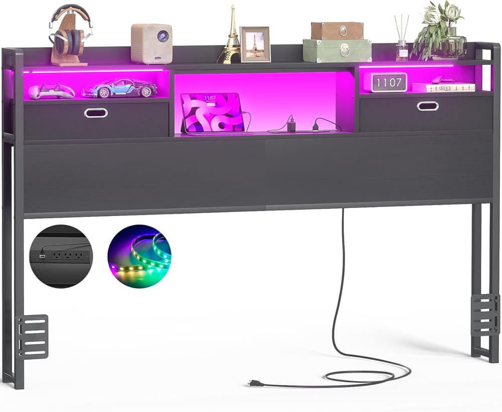 Queen Size Headboard with Drawers, LED Light, Bookcase Headboard with Power Outlet for Queen Size Bed