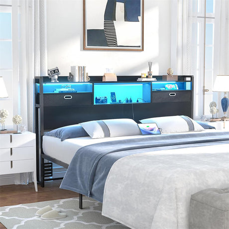 Queen Size Headboard with Drawers, LED Light, Bookcase Headboard with Power Outlet for Queen Size Bed
