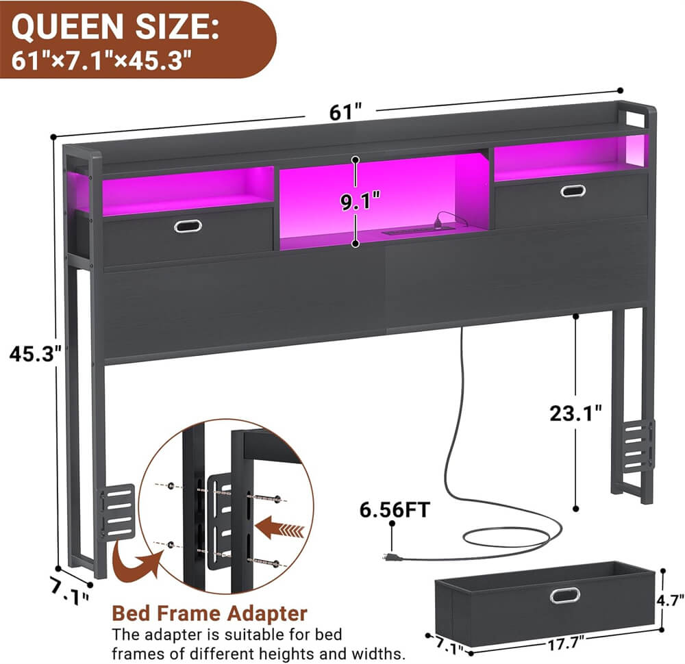 Queen Size Headboard with Drawers, LED Light, Bookcase Headboard with Power Outlet for Queen Size Bed