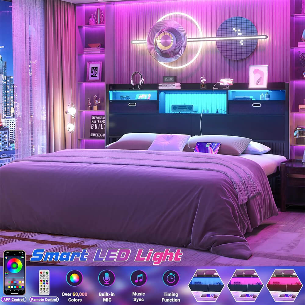 Queen Size Headboard with Drawers, LED Light, Bookcase Headboard with Power Outlet for Queen Size Bed