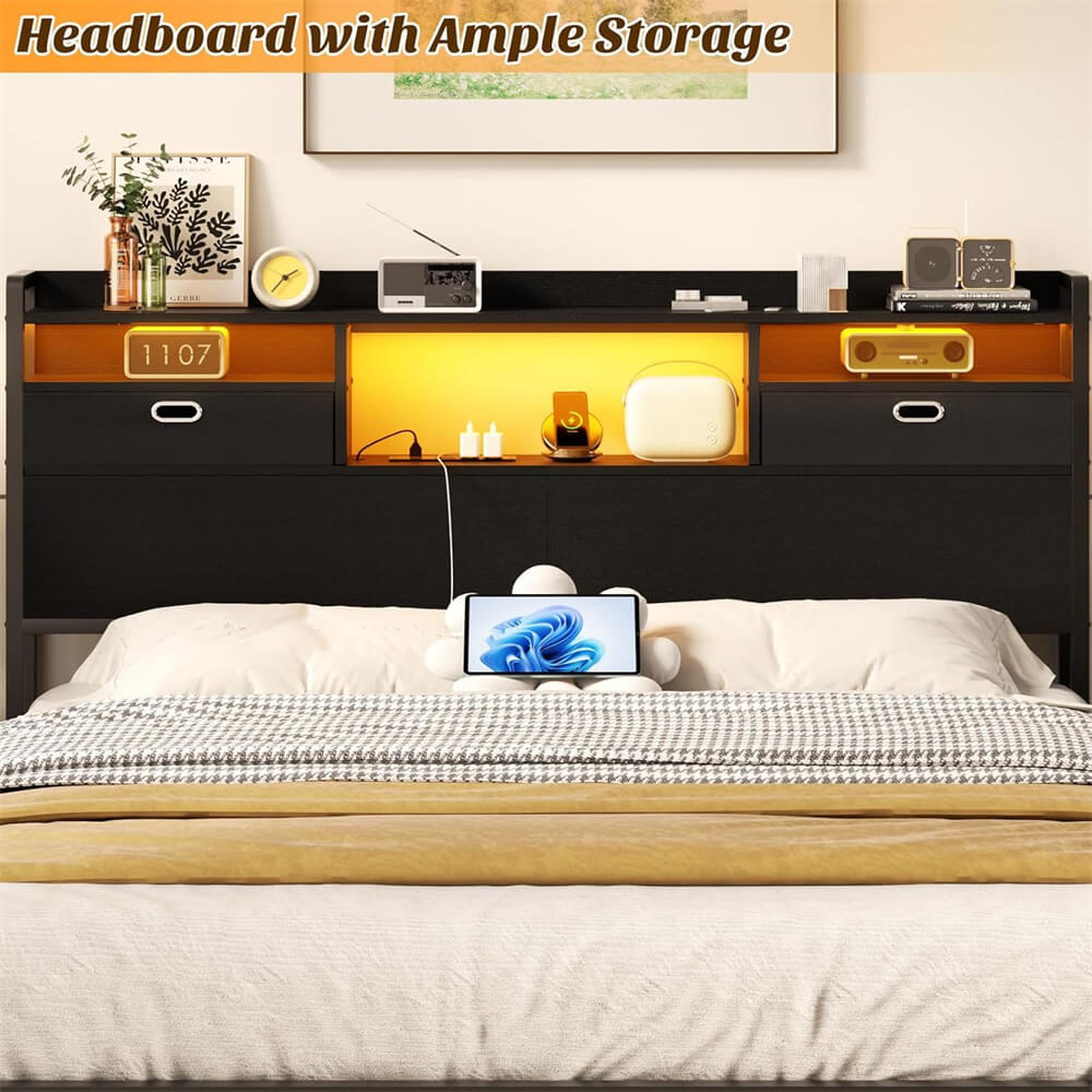 Queen Size Headboard with Drawers, LED Light, Bookcase Headboard with Power Outlet for Queen Size Bed