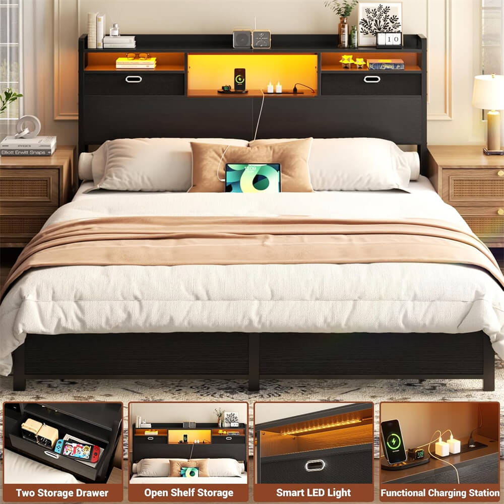 Queen Size Headboard with Drawers, LED Light, Bookcase Headboard with Power Outlet for Queen Size Bed