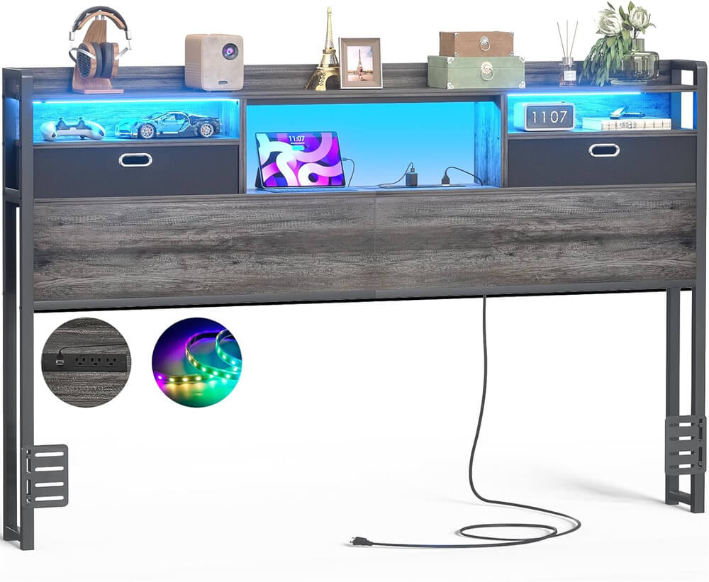 Queen Size Headboard with Drawers, LED Light, Bookcase Headboard with Power Outlet for Queen Size Bed