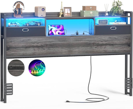 Queen Size Headboard with Drawers, LED Light, Bookcase Headboard with Power Outlet for Queen Size Bed