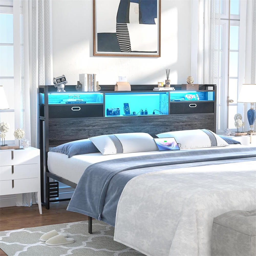 Queen Size Headboard with Drawers, LED Light, Bookcase Headboard with Power Outlet for Queen Size Bed