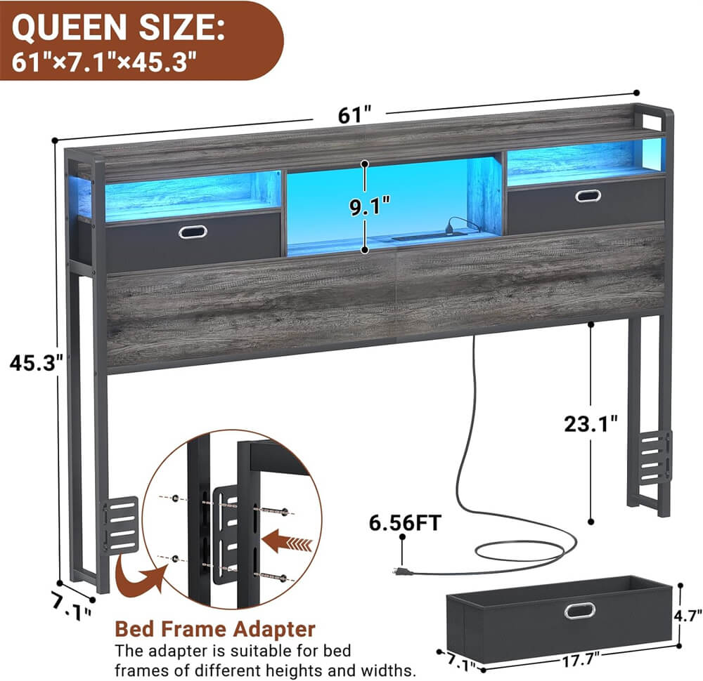 Queen Size Headboard with Drawers, LED Light, Bookcase Headboard with Power Outlet for Queen Size Bed