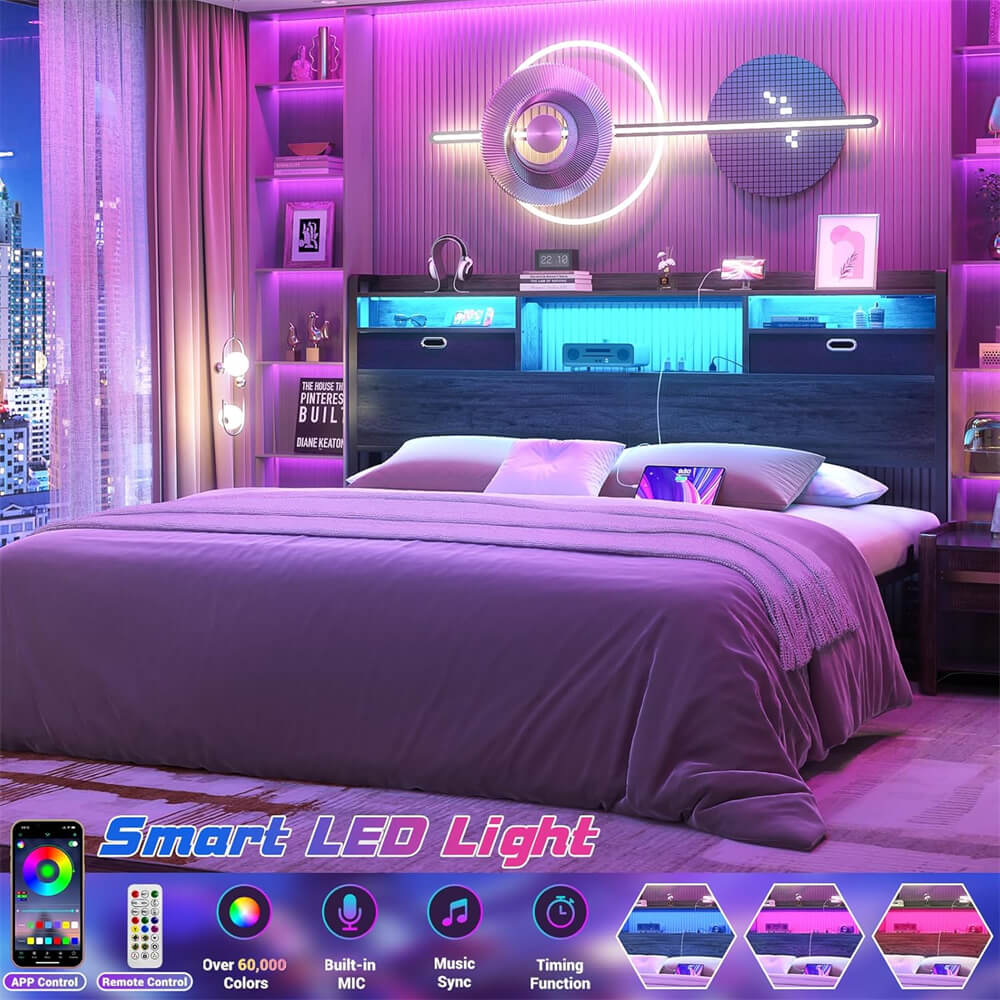 Queen Size Headboard with Drawers, LED Light, Bookcase Headboard with Power Outlet for Queen Size Bed