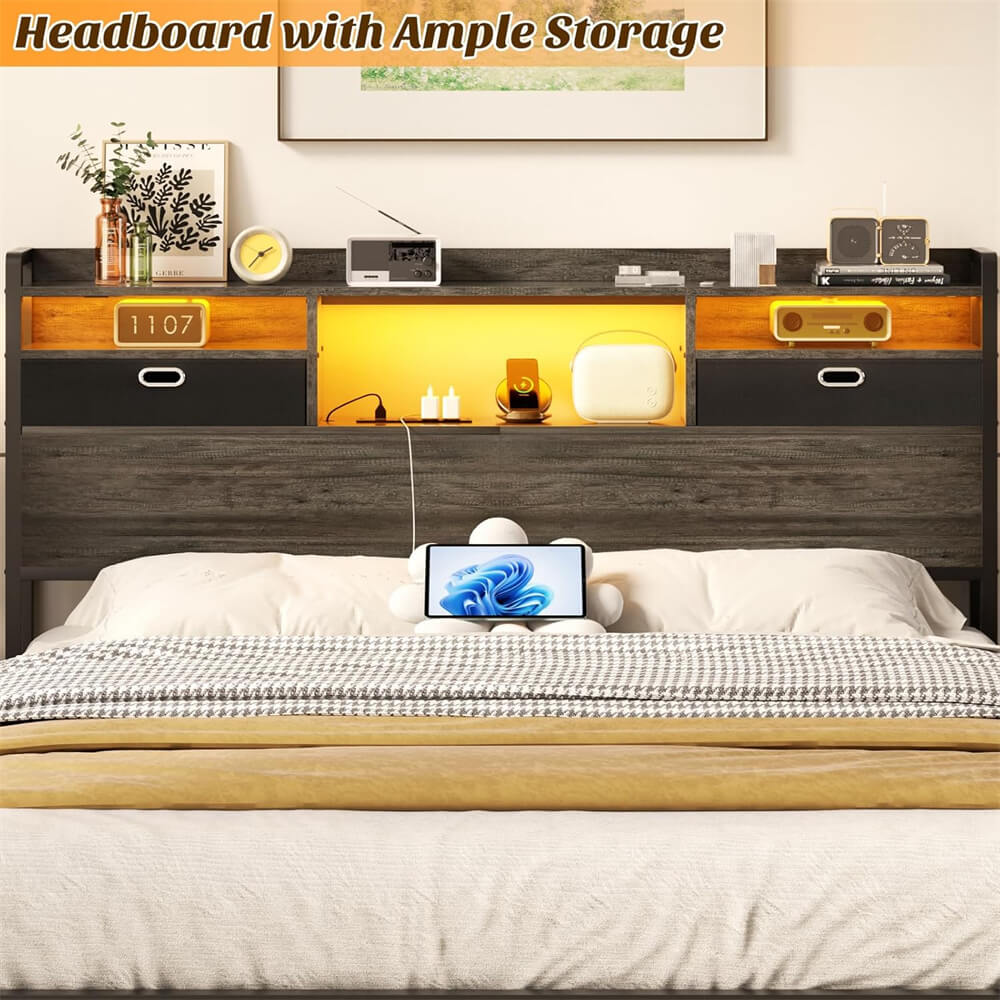 Queen Size Headboard with Drawers, LED Light, Bookcase Headboard with Power Outlet for Queen Size Bed