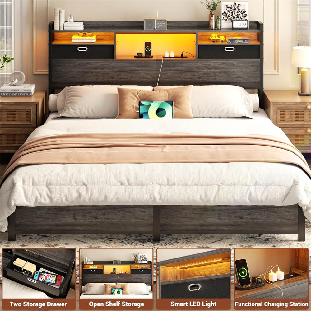 Queen Size Headboard with Drawers, LED Light, Bookcase Headboard with Power Outlet for Queen Size Bed