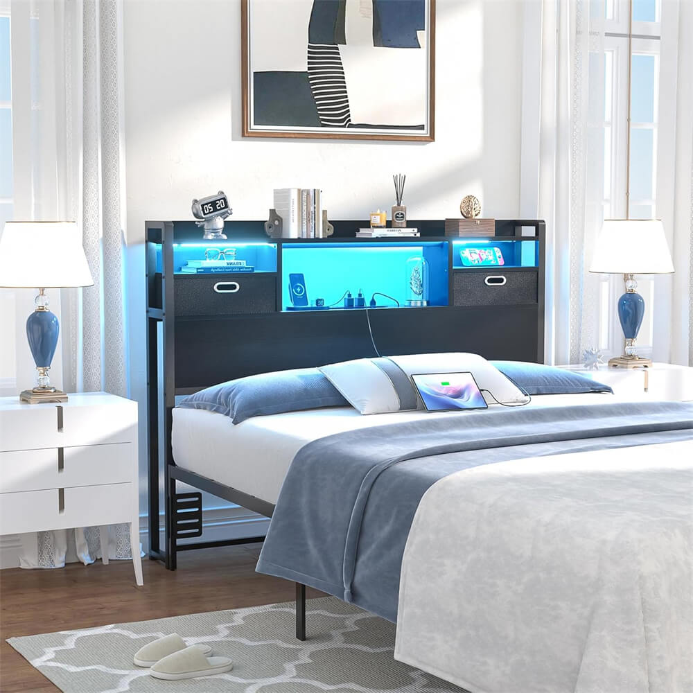 Twin Headboard with Drawer Storage and LED Light, Wood Headboard Only for Twin Size Bed with Power Outlet and Bookcase