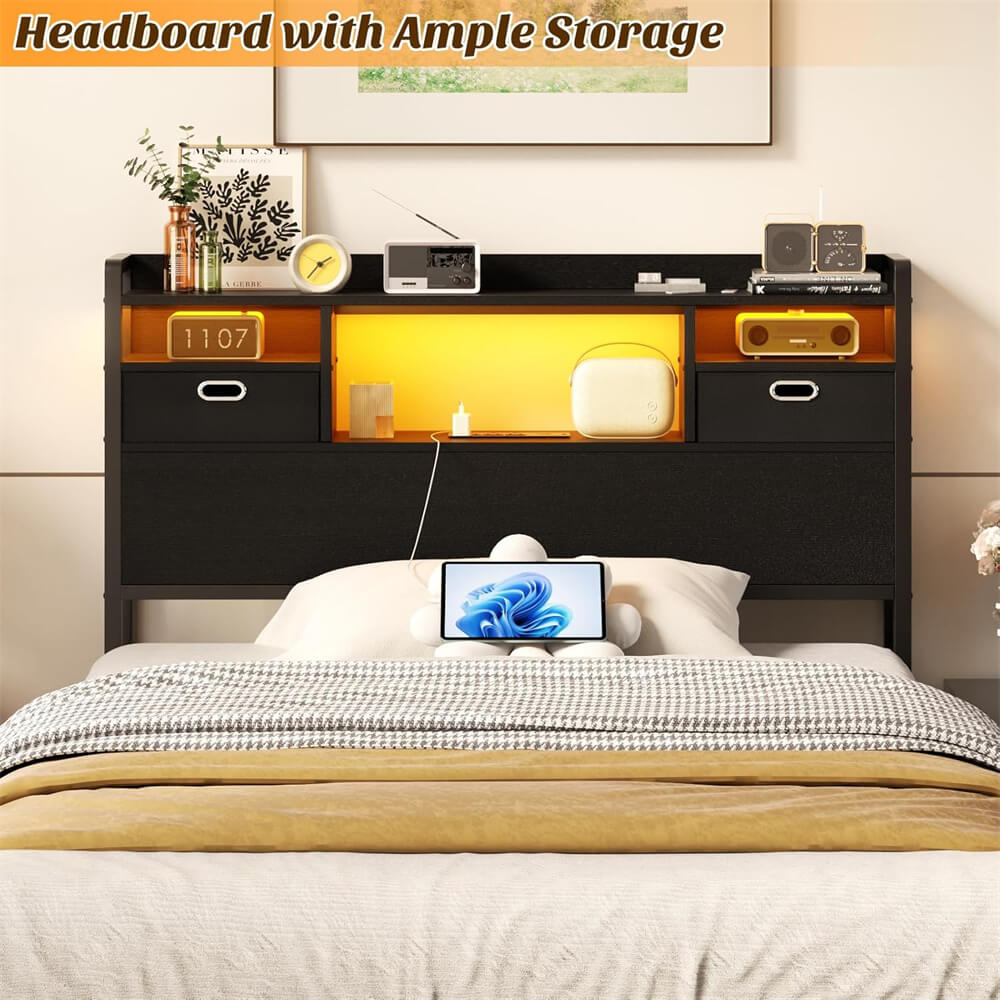 Twin Headboard with Drawer Storage and LED Light, Wood Headboard Only for Twin Size Bed with Power Outlet and Bookcase