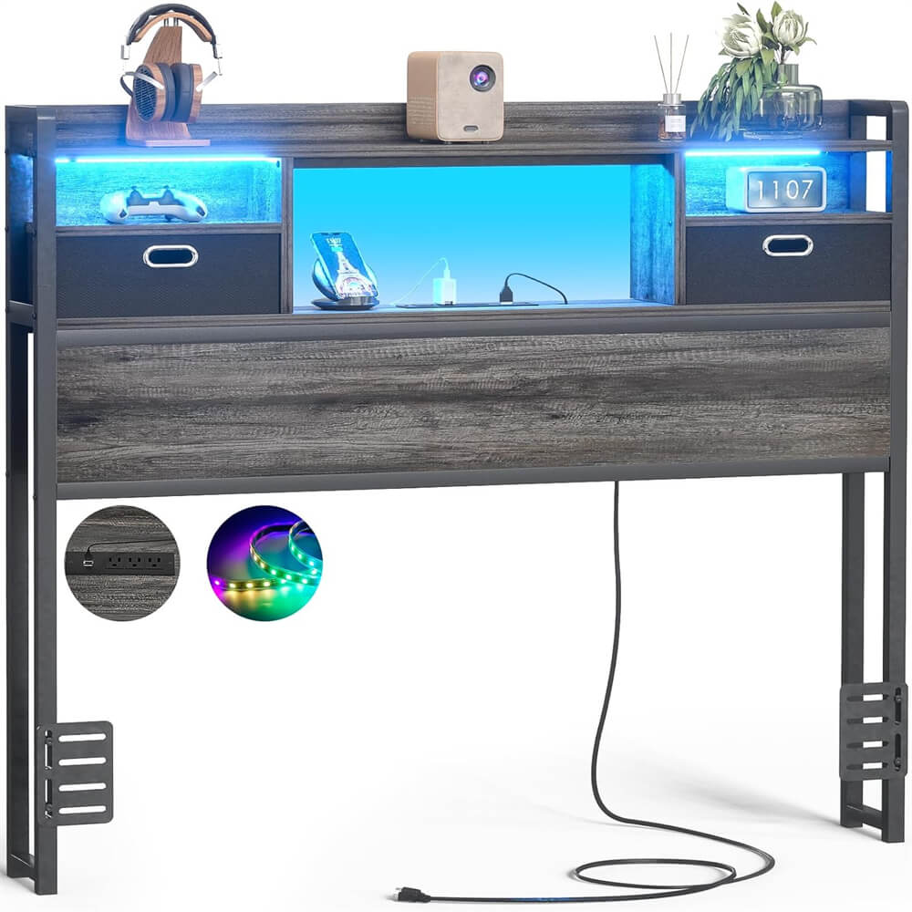 Twin Headboard with Drawer Storage and LED Light, Wood Headboard Only for Twin Size Bed with Power Outlet and Bookcase