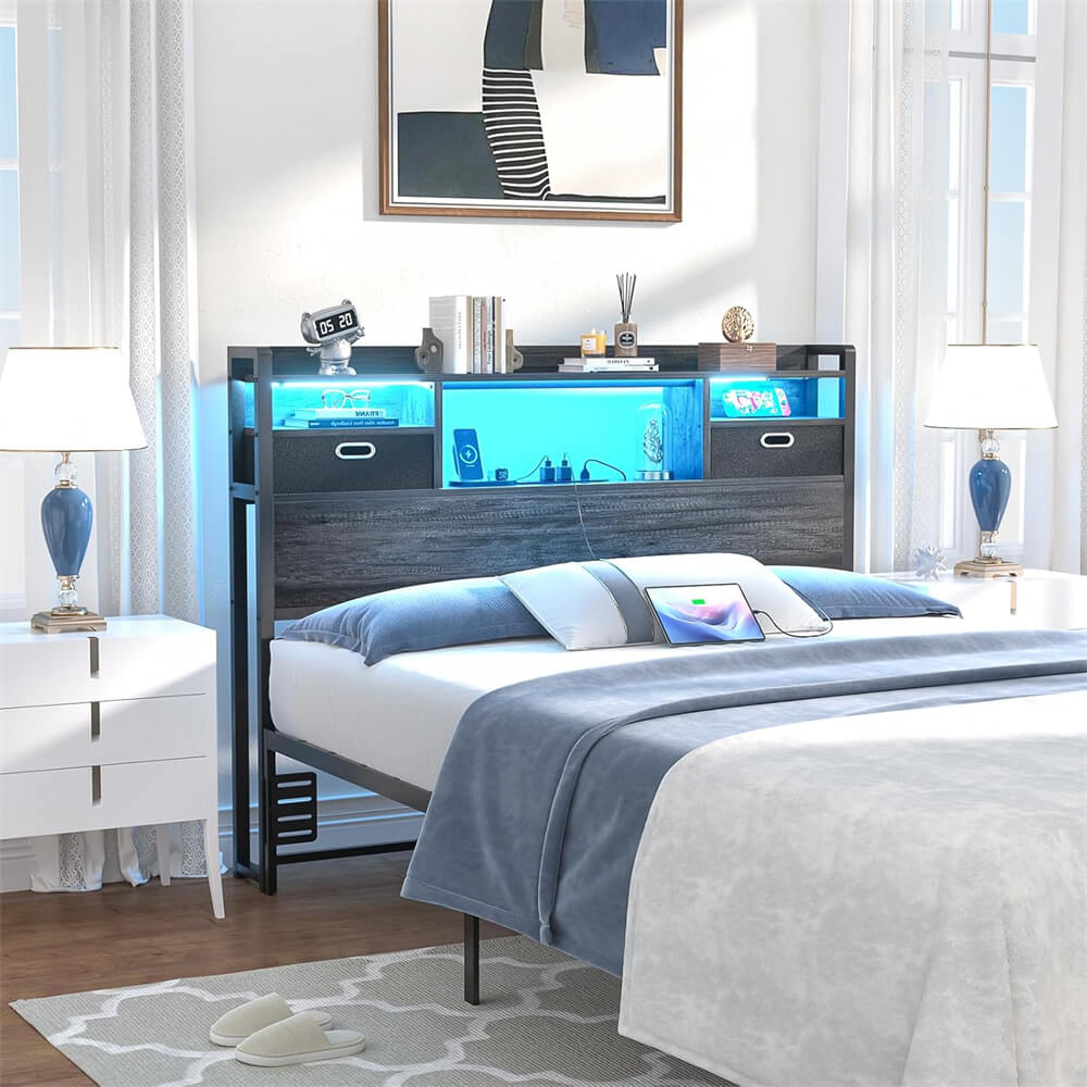 Twin Headboard with Drawer Storage and LED Light, Wood Headboard Only for Twin Size Bed with Power Outlet and Bookcase