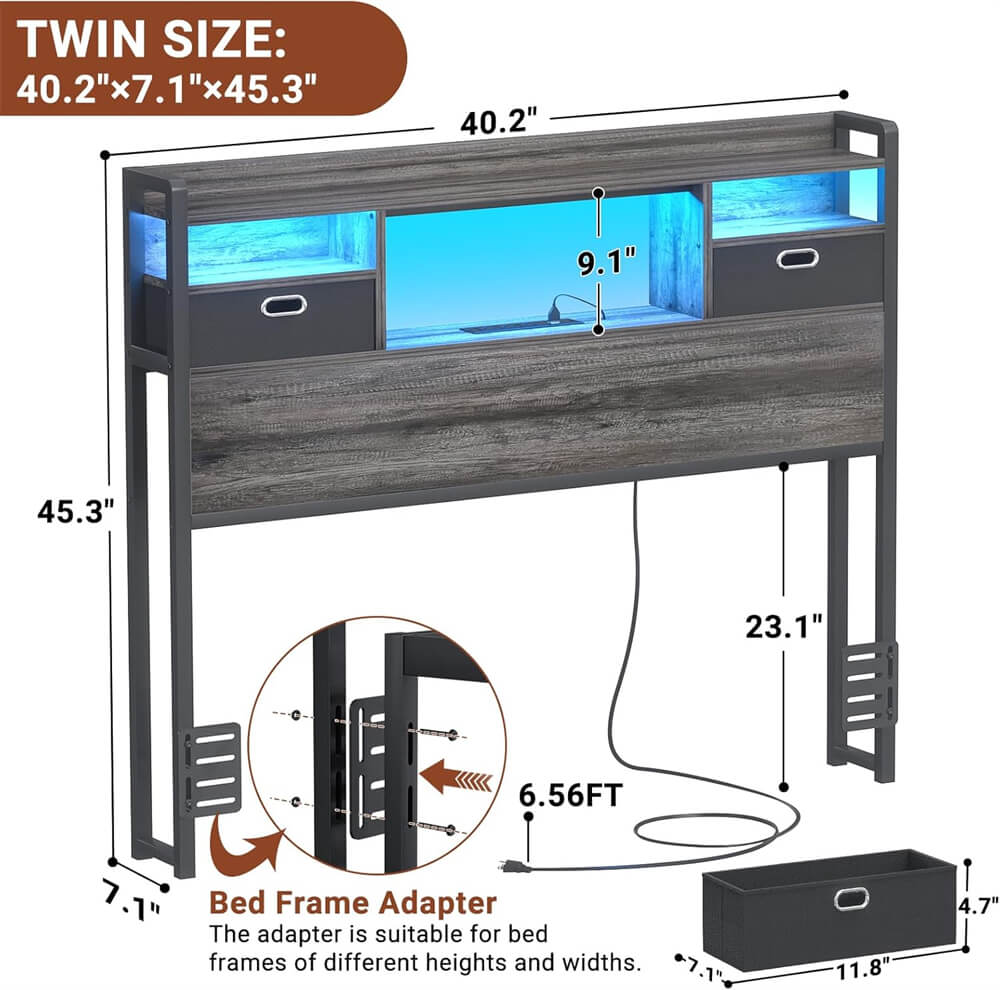 Twin Headboard with Drawer Storage and LED Light, Wood Headboard Only for Twin Size Bed with Power Outlet and Bookcase