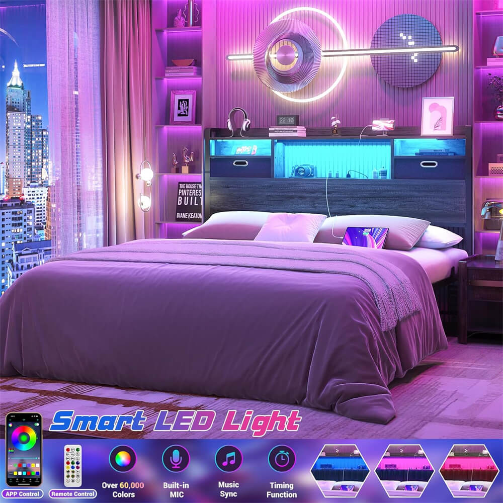 Twin Headboard with Drawer Storage and LED Light, Wood Headboard Only for Twin Size Bed with Power Outlet and Bookcase