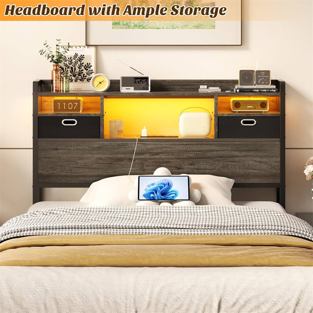 Twin Headboard with Drawer Storage and LED Light, Wood Headboard Only for Twin Size Bed with Power Outlet and Bookcase