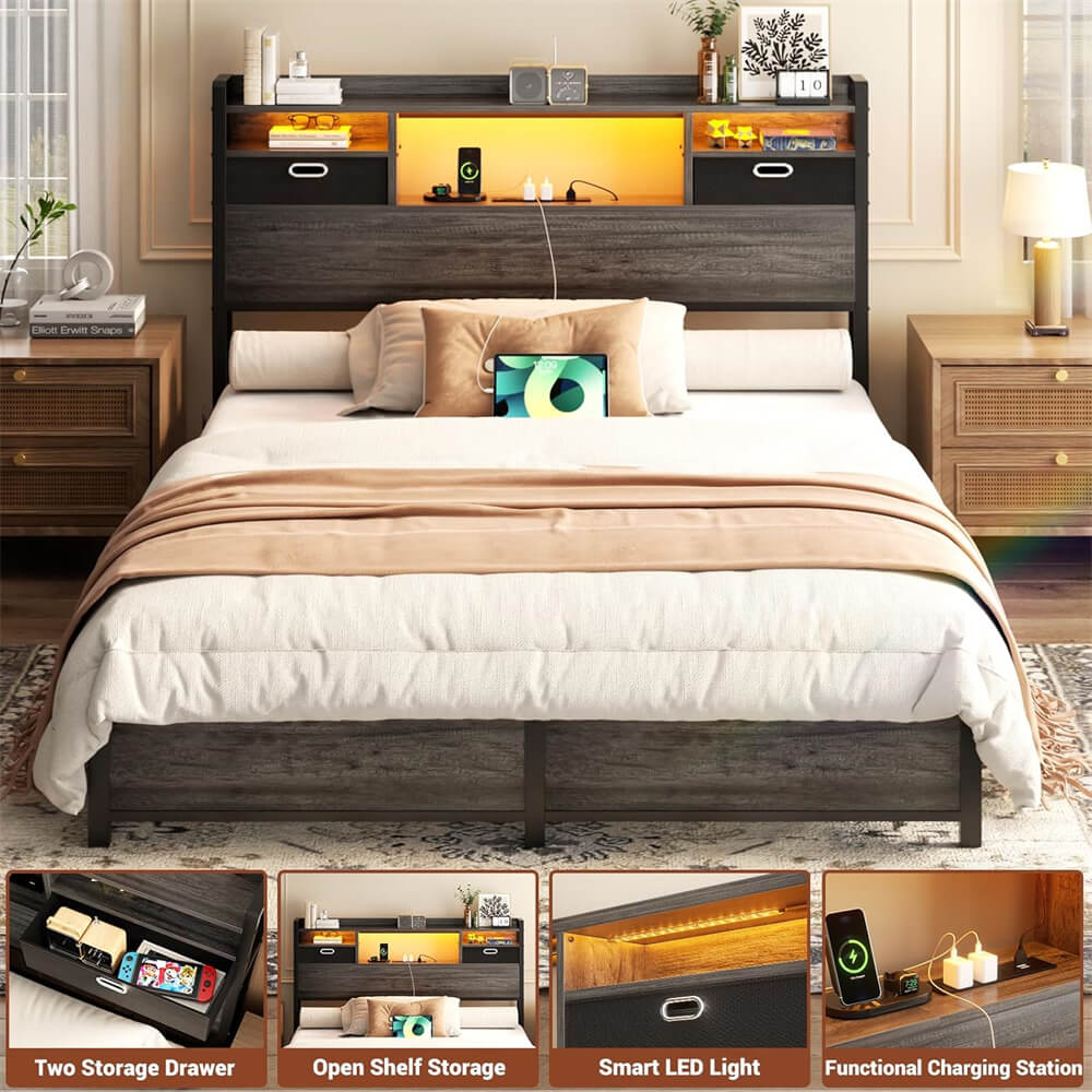 Twin Headboard with Drawer Storage and LED Light, Wood Headboard Only for Twin Size Bed with Power Outlet and Bookcase