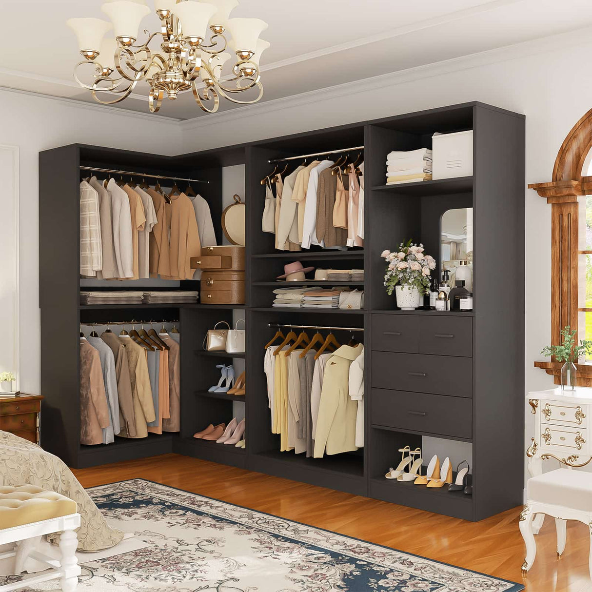 97" Large Modular Closet System, 2500LBS Heavy Duty Wood Wardrobe with 4 Hanging Rods