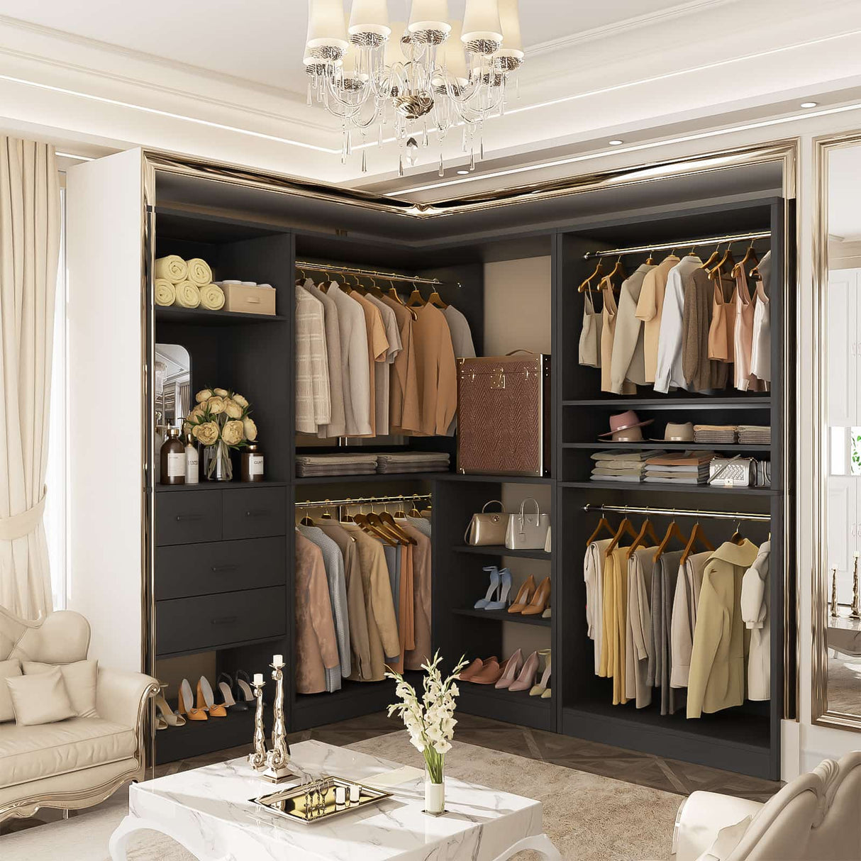 97" Large Modular Closet System, 2500LBS Heavy Duty Wood Wardrobe with 4 Hanging Rods