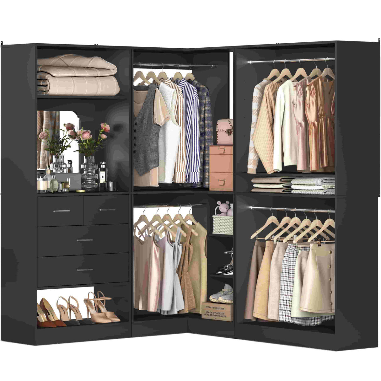 97" Large Modular Closet System, 2500LBS Heavy Duty Wood Wardrobe with 4 Hanging Rods