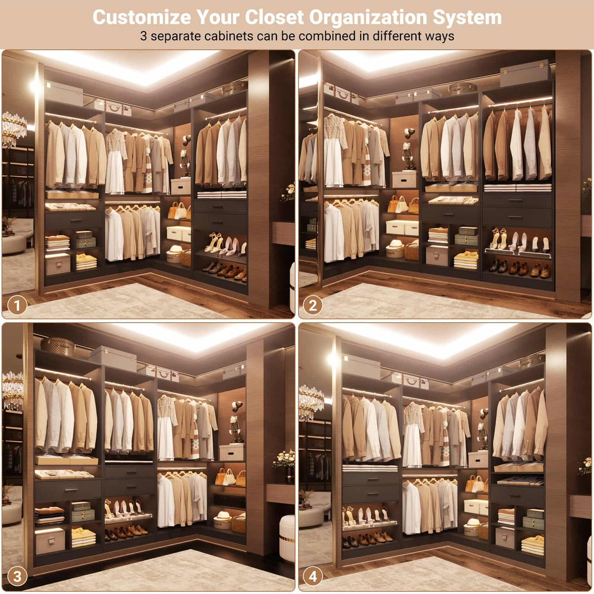 86" Corner Closet System, Modular Closets Organizer with 4 Hanging Rods and Storage Shelves