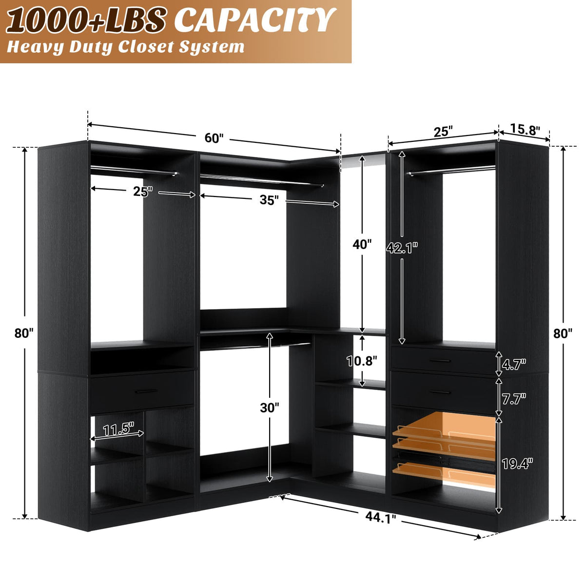 86" Corner Closet System, Modular Closets Organizer with 4 Hanging Rods and Storage Shelves