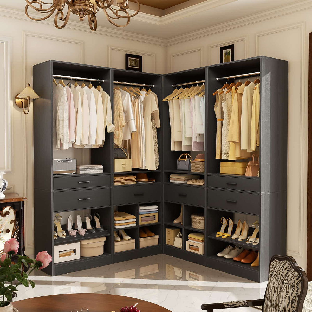 Closet System, 8.3FT Closet Organizer with 6 Wooden Drawers, Hanging Rods, Adjustable Shoe Rack and Cube Storage