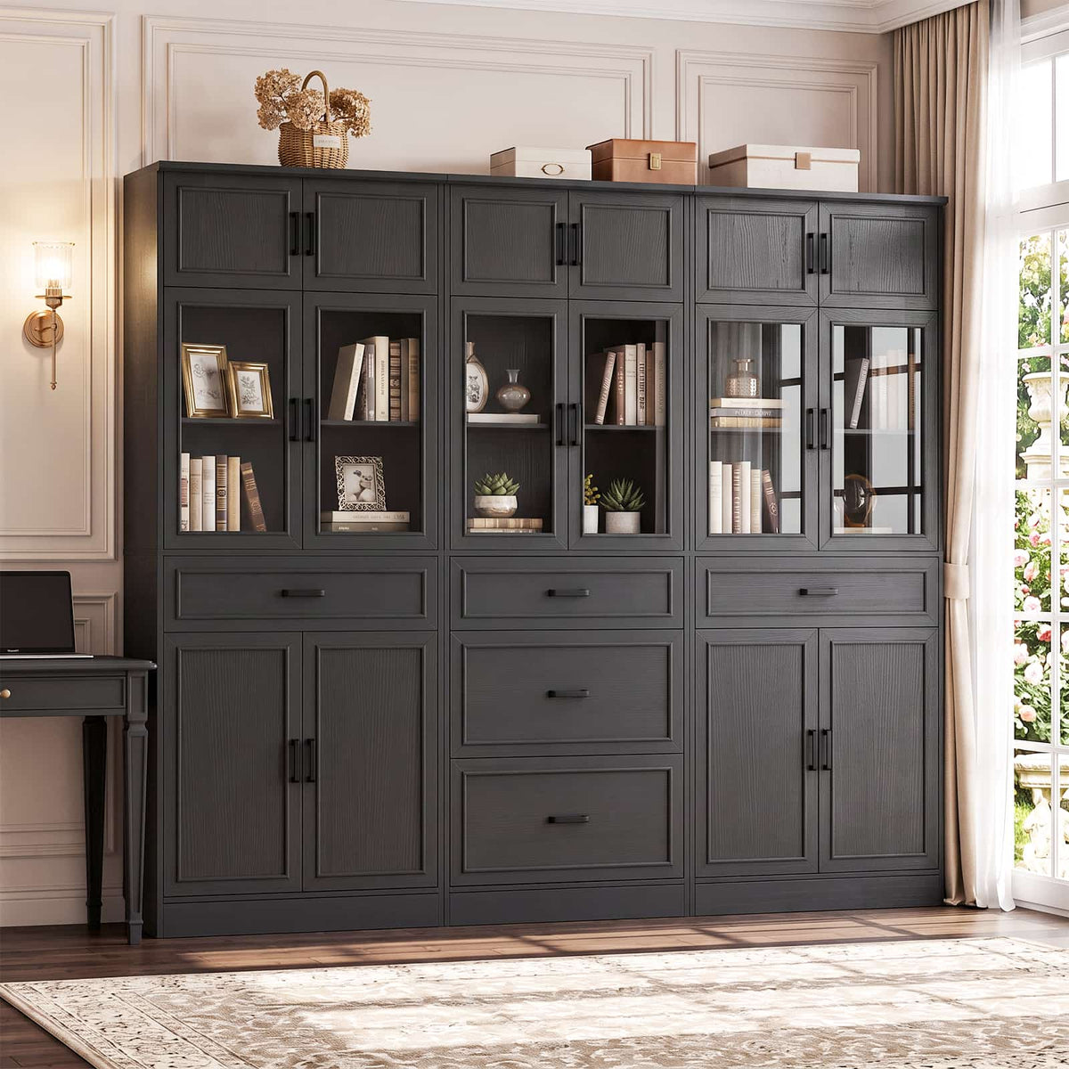 80" Tall Wide Bookshelf W/ 5 Storage Drawers & Doors